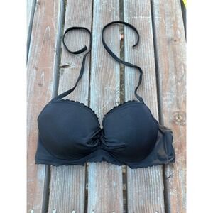 Victorias Secret The Getaway Halter Bikini Top Black Scalloped Underwire 36C